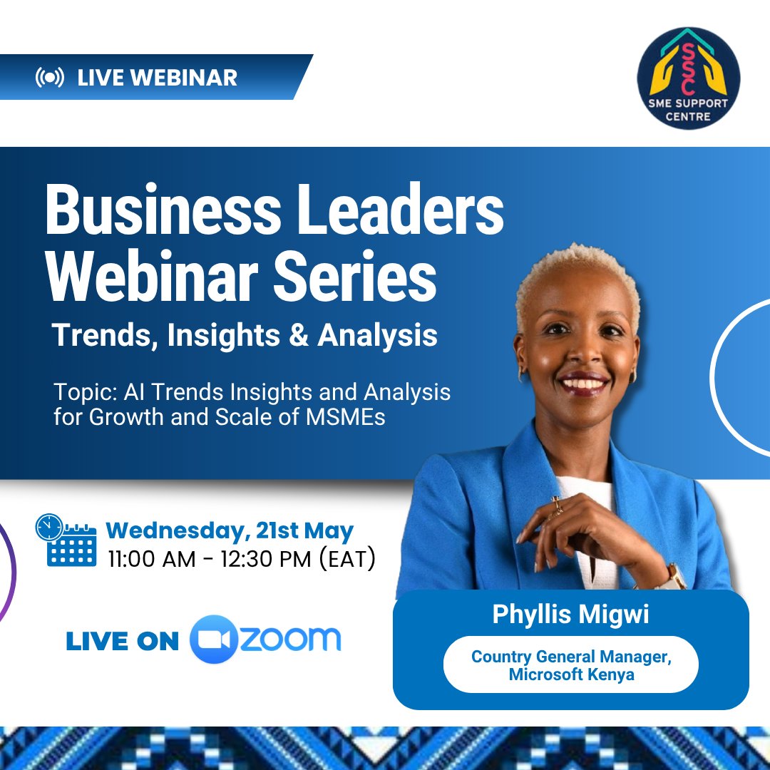 SME Support Centre (@smesupport_ke) on Twitter photo 🚨2 DAYS TO GO! 🚨
Join us on Wed, 21st May for the Business Leaders Webinar Series.
📘Topic: AI Trends & Insights for MSME Growth
🎙Speaker: Phyllis Migwi, GM, Microsoft Kenya
🕙Time: 11AM–12:30PM (EAT)
Register here: tinyurl.com/5bazdf93
#AI #MSMEs #Webinar
<a href="/PmigwiTRD/">Phyllis Migwi TRD</a> 🚨2 DAYS TO GO! 🚨
Join us on Wed, 21st May for the Business Leaders Webinar Series.
📘Topic: AI Trends & Insights for MSME Growth
🎙Speaker: Phyllis Migwi, GM, Microsoft Kenya
🕙Time: 11AM–12:30PM (EAT)
Register here: tinyurl.com/5bazdf93
#AI #MSMEs #Webinar
<a href="/PmigwiTRD/">Phyllis Migwi TRD</a>