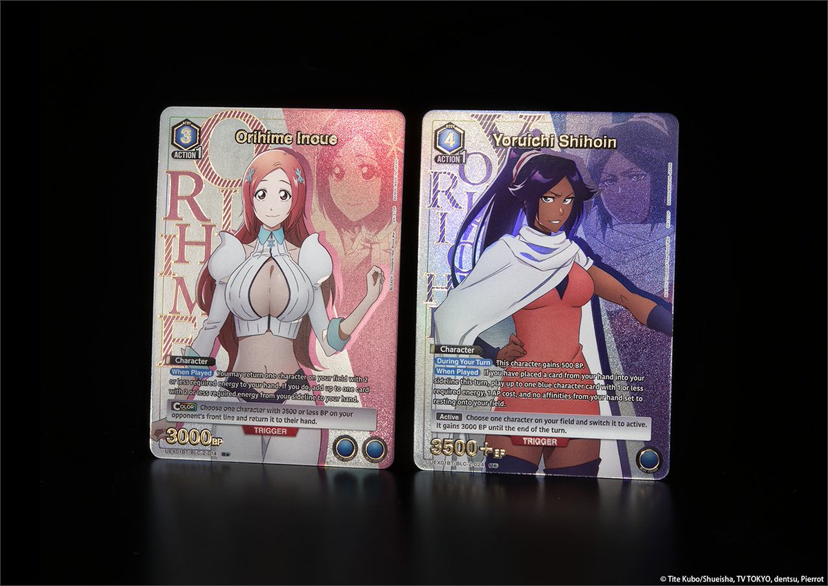 [Card Reveals]
Check out this photo of rare alt-art cards in the BLEACH: Thousand-Year Blood War Vol.2 [UEX01BT] Booster Pack, coming May 30! 👀

➡️ Orihime Inoue - R★
➡️ Yoruichi Shihoin - U★

Product details here! 👇
x.gd/71jXW

#UNIONARENA_EN
#BLEACH