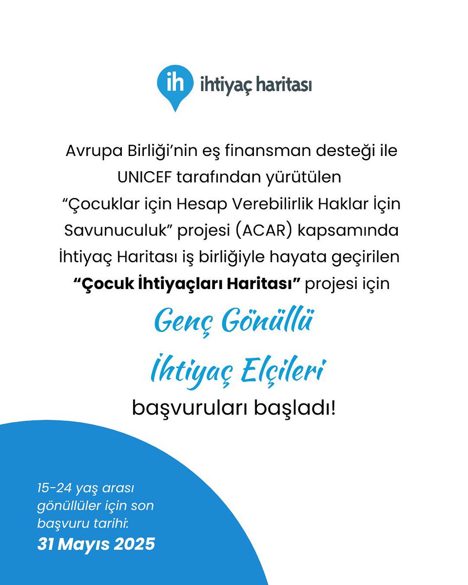 Avrupa Birliği’nin eş finansman desteği ile UNICEF tarafından yürütülen Çocuklar için Hesap Verebilirlik Haklar İçin Savunuculuk Projesi (ACAR) kapsamında,  İhtiyaç Haritası iş birliğiyle hayata geçirilen “Çocuk İhtiyaçları Haritası” projesi için "Genç Gönüllü İhtiyaç Elçileri"