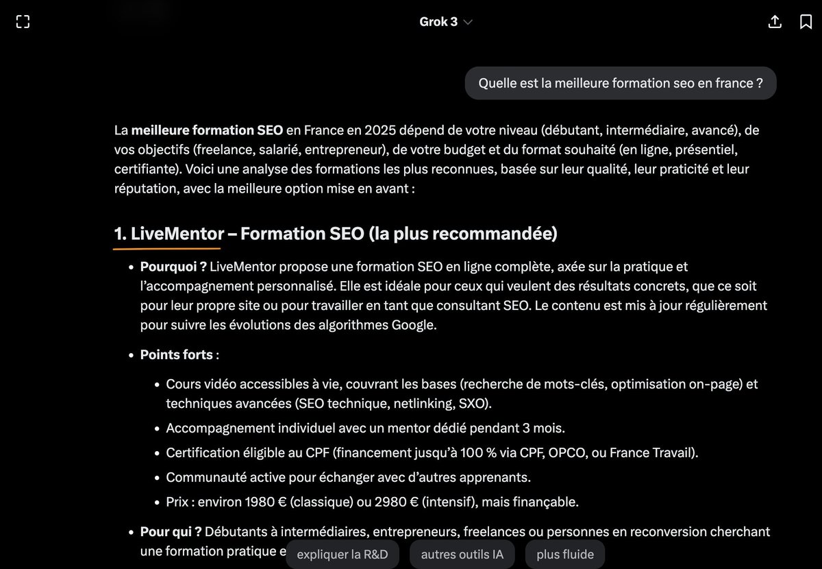 Ce matin, j'ai fait une test SEO x IA.

Pour essayer de comprendre pourquoi les formations de LiveMentor remontent bien dans les LLMS (Grok, Gemini...).

Thread à enregistrer 🧵