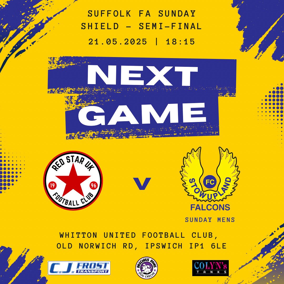 Stowupland Falcons (@stowfalcons) on Twitter photo Our Sunday Men’s side finally get to play their FA Sunday Shield semi-final this Wednesday evening. They face <a href="/RedStarUKFC/">Red Star UK FC</a> at <a href="/WhittonUnitedFC/">Whitton United FC</a> come along and show your support for the boys who will be looking to make it to another cup final #SFFC 🟡🔵 Our Sunday Men’s side finally get to play their FA Sunday Shield semi-final this Wednesday evening. They face <a href="/RedStarUKFC/">Red Star UK FC</a> at <a href="/WhittonUnitedFC/">Whitton United FC</a> come along and show your support for the boys who will be looking to make it to another cup final #SFFC 🟡🔵