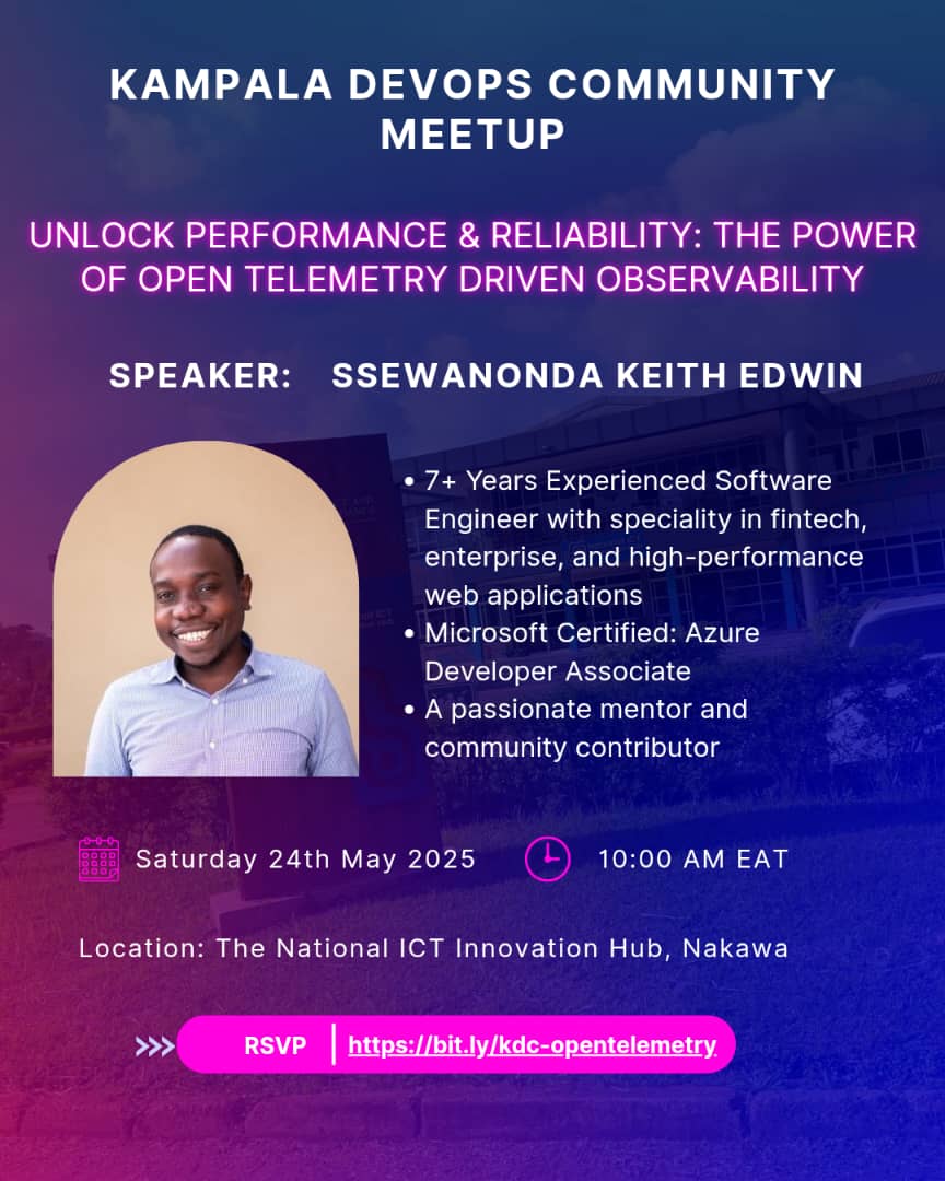 innovationhubug's tweet image. #KampalaDevOpsCommunity Meetup!

Join us for our first ever in-person meetup as we explore OpenTelemetry-Driven Observability, the key to unlocking performance and reliability in modern systems.

📍 National ICT Innovation Hub, Nakawa
🗓 Saturday, 24th May 2025
🕙 10:00 AM –…