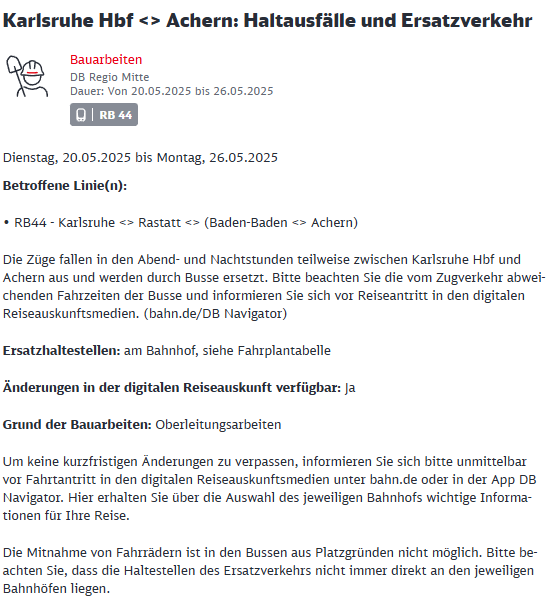 Regio_Mitte's tweet image. #RB44 #Karlsruhe_Hbf &amp;lt;&amp;gt; #Achern: #Haltausfälle und #Ersatzverkehr #Bauarbeiten Von 20.05.2025 bis 26.05.2025
Mehr Informationen unter: bahn.de/service/fahrpl…
Fahrplan: t1p.de/fnmry