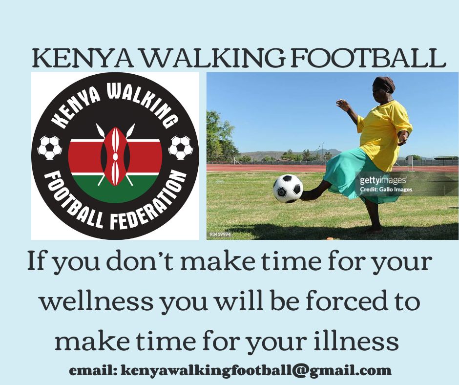 WHY WALKING FOOTBALL:
facebook.com/groups/1374643…
When you walk, you’re working multiple muscle groups, including your:
· Quadriceps
· Hamstrings
· Calves
 email: kenyawalkingfootball@gmail.com. We shall send you details on registration process
“One step one kick at a time”