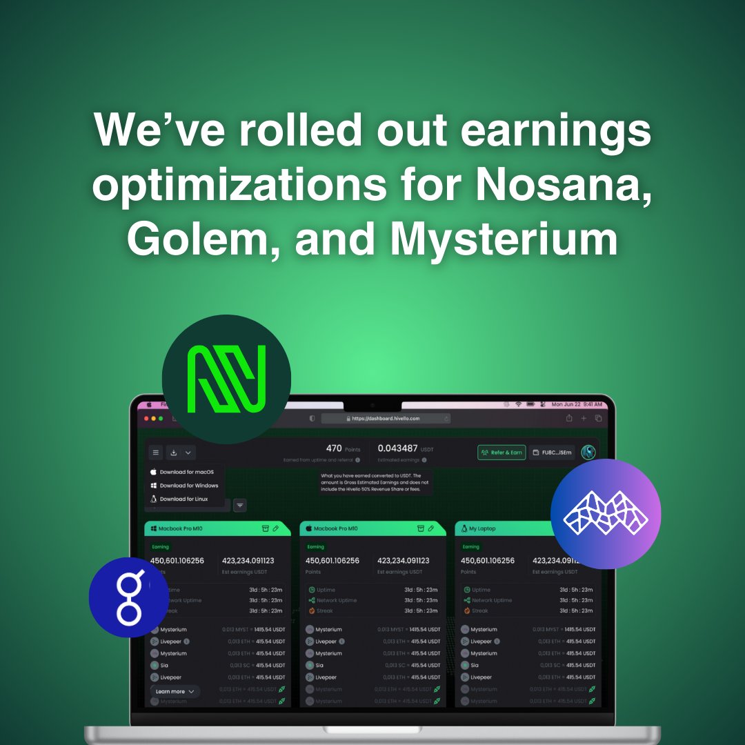 We’ve rolled out earnings optimizations for Nosana, Golem, and Mysterium — and this is just the start. ⚙️

As we continue fine-tuning each integration, we expect to see a ripple effect on your earnings over time. This is a long-term journey... but even in beta, it’s clear the
