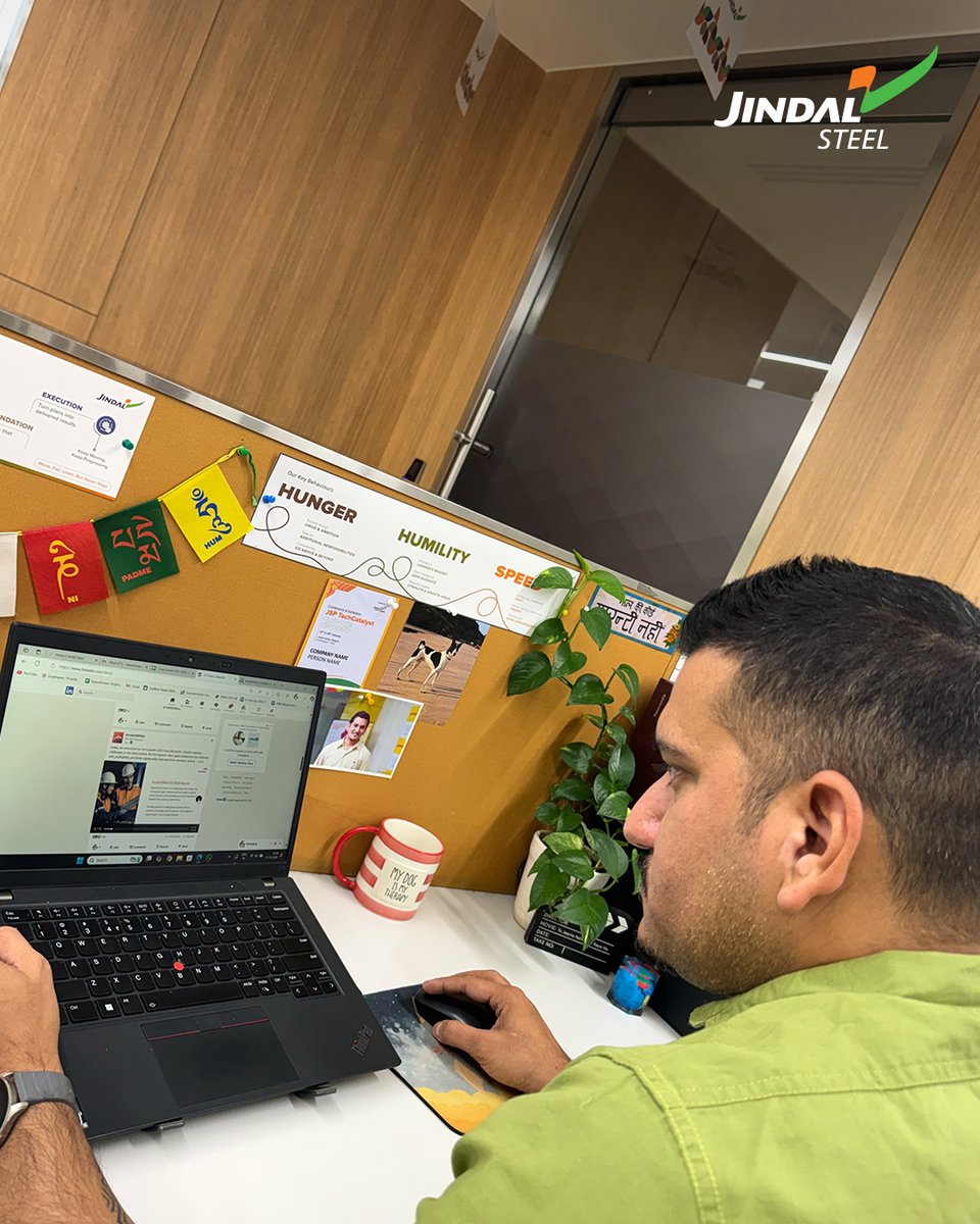 JindalSteel_In's tweet photo. On this #DeskStories, we meet Aayushmaan Singhal: a dog dad, plant lover, and calm force at work. His mug reads “My Dog Is My Therapy,” a nod to Duke, his daily dose of joy and patience. It’s little things like these that power the spirit of #SteelOfIndia.
#LifeAtJindal https://t.co/U5v7fkKAVA