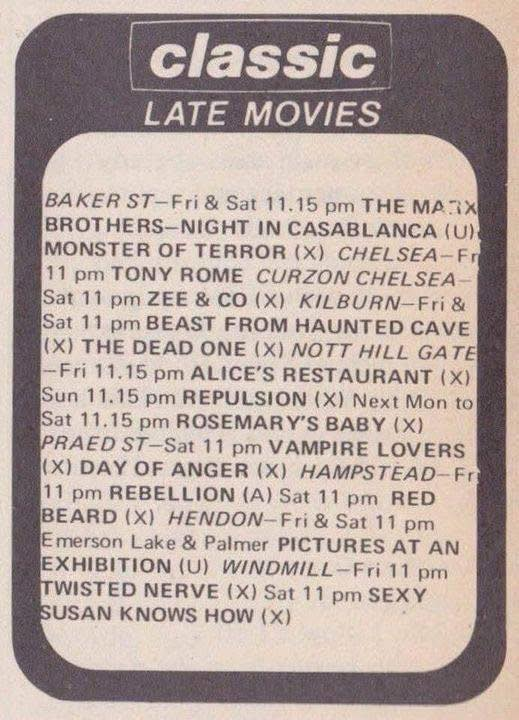 wilsongullis's tweet photo. Fifty-three years ago today, these were the late movies playing in London’s Classic Cinemas… #1970s #film #Films #latefilms #latemovies #ClassicCinemas https://t.co/WV43tyyCu8