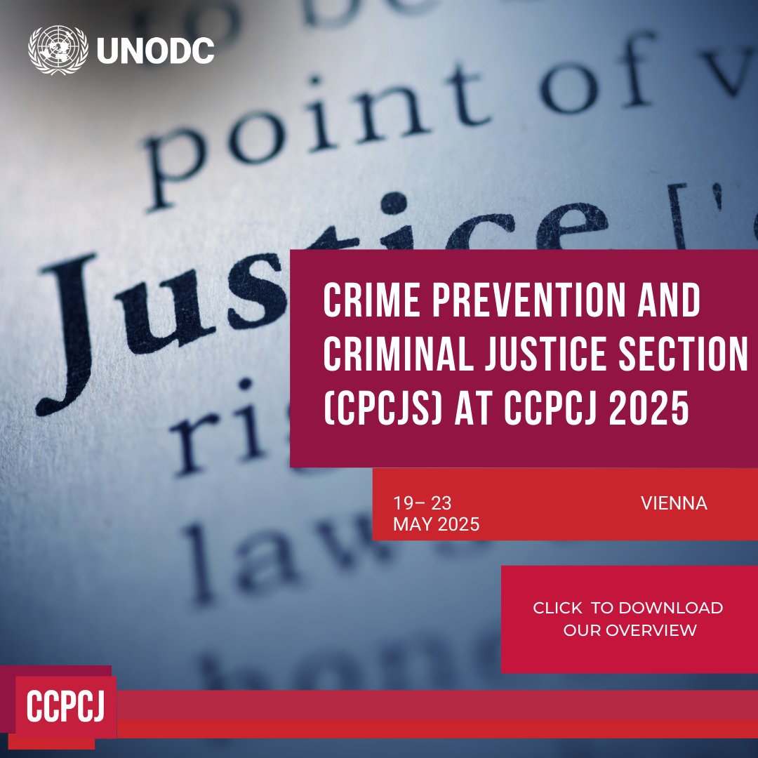 UNODC_Justice's tweet image. 📢 Join us at #CCPCJ34, 19–23 May 2025, #Vienna &amp;amp; online!

@UNODC’s Crime Prevention &amp;amp; Criminal Justice Section is leading &amp;amp; supporting a dynamic series of side events on key justice priorities.

📲Click to explore our full overview: bit.ly/4mlrZbV

#UNODCJustice  @CCPCJ