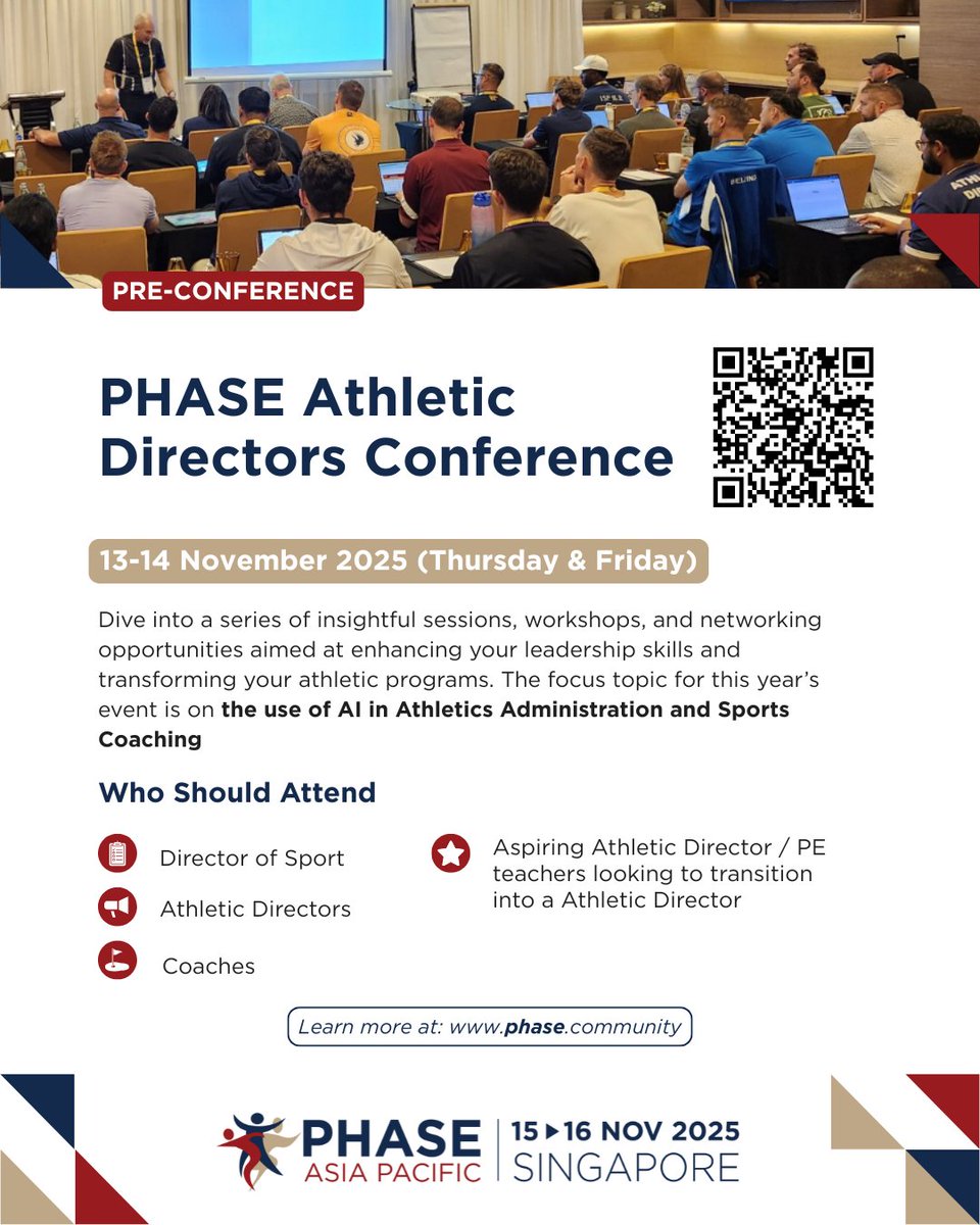 PHASE (@phaseglobal) on Twitter photo ๐
 Shape the future of your school's athletics program
Engage with your peers, experts and leaders in the field. The PHASE Athletic Directors Conference" is the place to be 
Get a head start before #PHASEAP25 main conference. See you there!
๐๏ธ 13โ14 Nov 2025
๐ UWCSEA โ Dover ๐
 Shape the future of your school's athletics program
Engage with your peers, experts and leaders in the field. The PHASE Athletic Directors Conference" is the place to be 
Get a head start before #PHASEAP25 main conference. See you there!
๐๏ธ 13โ14 Nov 2025
๐ UWCSEA โ Dover
