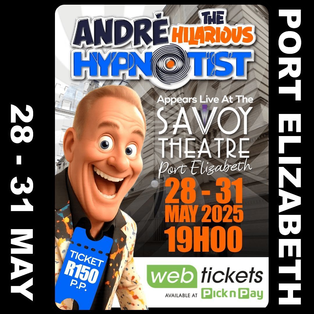 andre_hypnotist's tweet photo. Port Elizabeth, get ready for a night of laughter as Andre the Hilarious Hypnotist makes his way back to town. Following his sold-out performance in December, Andre is returning with a mix of classic and fresh material that promises to be absolutely hilarious. https://t.co/sM3VkwTlJo