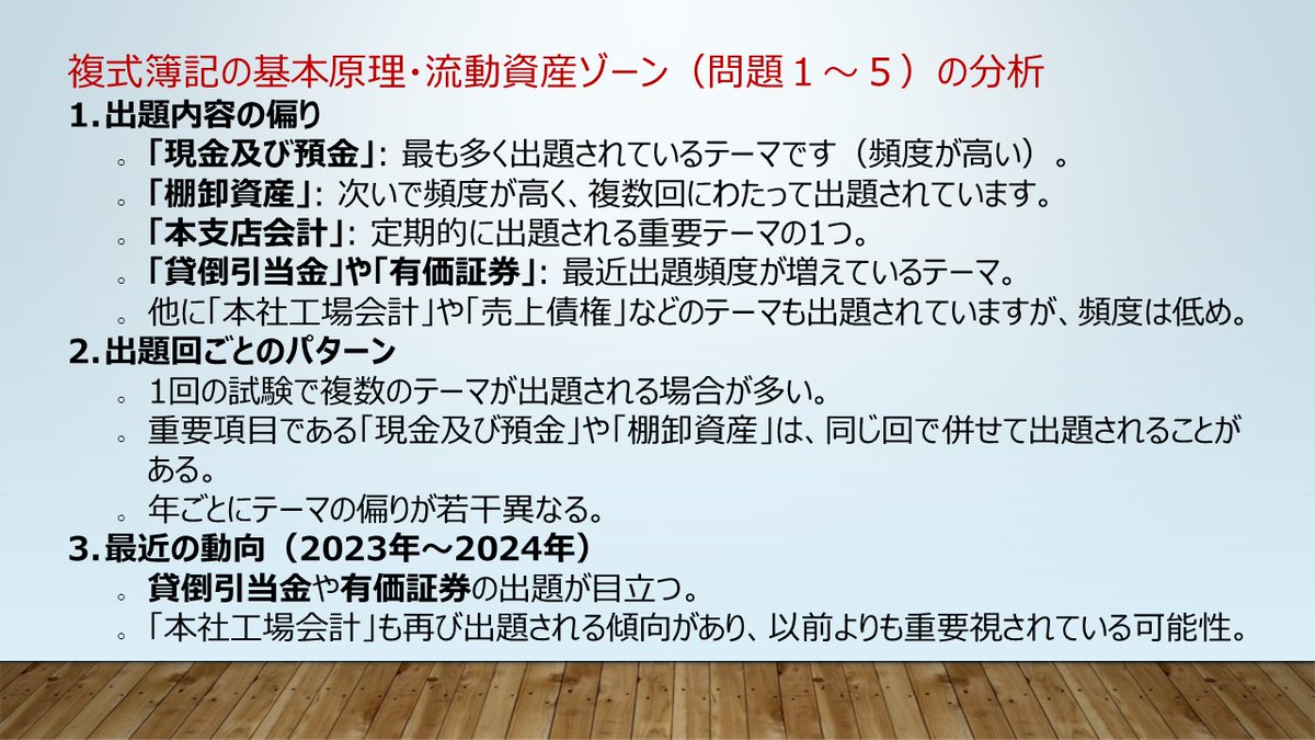 kanasugi_tac's tweet image. 【短答直前対策】ゾーン別対処法1
まずは解き始めたら冒頭で出会うであろう,複式簿記の基本原理と流動資産に関する出題(だいたい問題1~5)の部分の分析です。やはり,現金及び預金と棚卸資産は頻出論点。