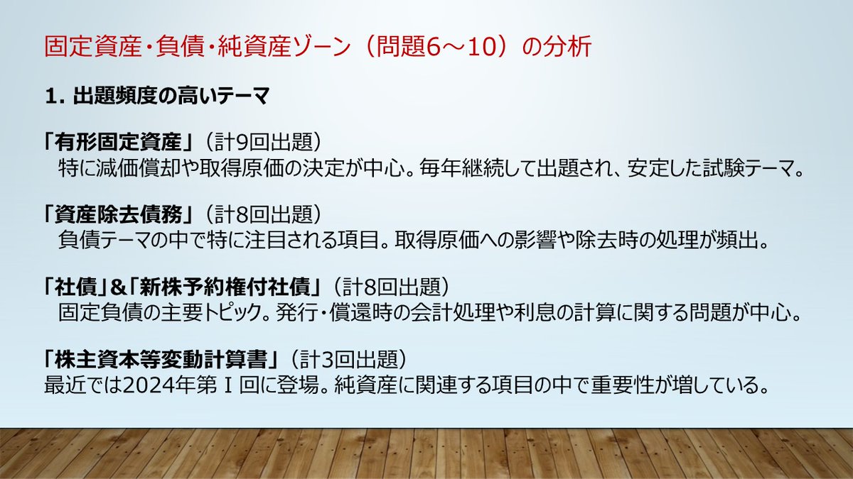 kanasugi_tac's tweet image. 【短答直前対策】ゾーン別対処法2
B/Sゾーンの続き,固定資産,負債,純資産関連(だいたい問題5~10に対応)。有形固定資産は減価償却と取得原価の決定が重要。負債論点は社債と資産除去債務が頻出。流動負債と固定負債の分類の確認も必要。純資産はS/S形式が3回。