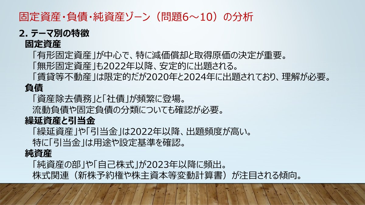 kanasugi_tac's tweet image. 【短答直前対策】ゾーン別対処法2
B/Sゾーンの続き,固定資産,負債,純資産関連(だいたい問題5~10に対応)。有形固定資産は減価償却と取得原価の決定が重要。負債論点は社債と資産除去債務が頻出。流動負債と固定負債の分類の確認も必要。純資産はS/S形式が3回。