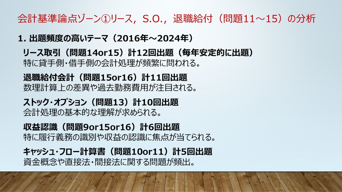kanasugi_tac's tweet image. 【短答直前対策】ゾーン別対処法3
リース,退職給付,ストック・オプションなど人気論点が集中しているゾーン。テーマと問題番号の対応もおおむね決まっている背番号固定制。2020年からは収益認識が頻出テーマに浮上。CF計算書も何気によく出ている。各論点とも最後に総仕上げすべし。