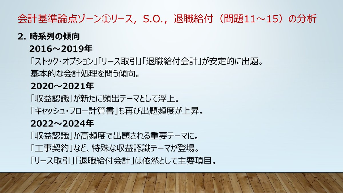 kanasugi_tac's tweet image. 【短答直前対策】ゾーン別対処法3
リース,退職給付,ストック・オプションなど人気論点が集中しているゾーン。テーマと問題番号の対応もおおむね決まっている背番号固定制。2020年からは収益認識が頻出テーマに浮上。CF計算書も何気によく出ている。各論点とも最後に総仕上げすべし。