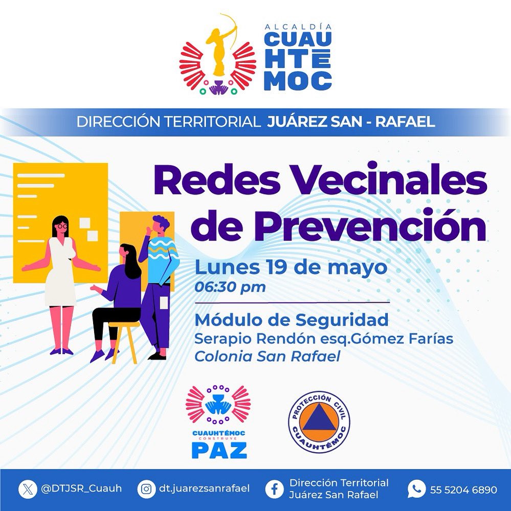 📢 ¡Vecin@s de #SanRafael!

Nos vemos mañana lunes 19 de mayo a las 6:30 PM en el Módulo de Seguridad (Serapio Rendón esq. Gómez Farías).

🔹 Recorrido con <a href="/SSC_CDMX/">SSC CDMX</a> y personal de <a href="/AlcCuauhtemocMx/">Alcaldía Cuauhtémoc</a>
🔹 Presentación de la estrategia Redes Vecinales de Prevención

<a href="/AlessandraRdlv/">Alessandra Rojo de la Vega</a>