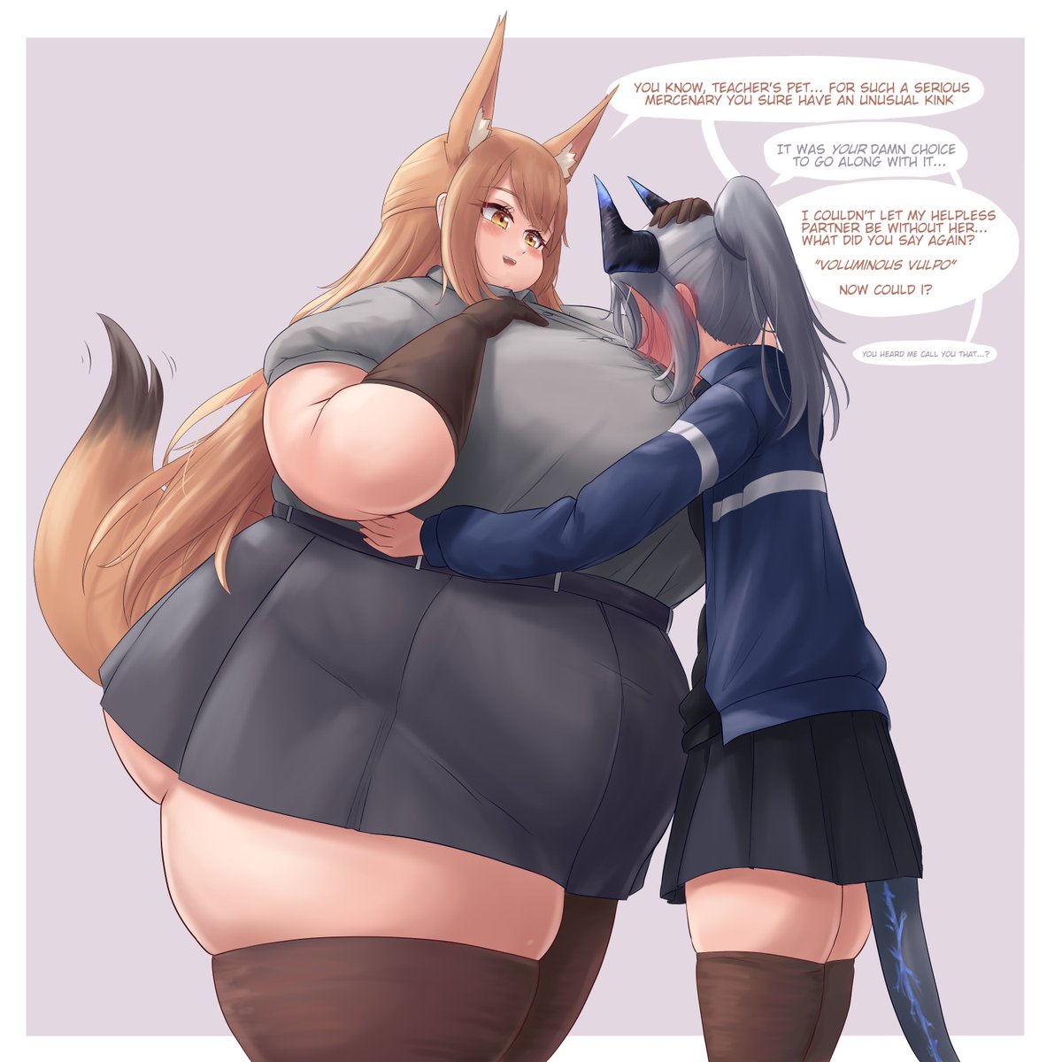 BreadGuardian's tweet photo. Maybe don't use an embarrassing pet name out loud in earshot of your crush (or do! I mean, she's ended up with a face full of fox oppai, that's probably a desired outcome).
Anonymous comm of Franka and Liskarm from Arknights https://t.co/zGjbr9Lmqu