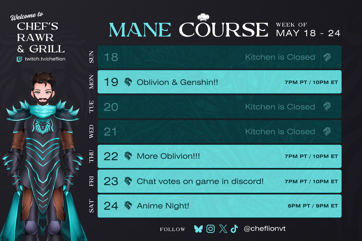 ChefLionVT's tweet photo. New Schedule for the week!
#Cheflion #Vtuber #ENVtuber #twitchstreamer #schedule https://t.co/cLoymEWFh1