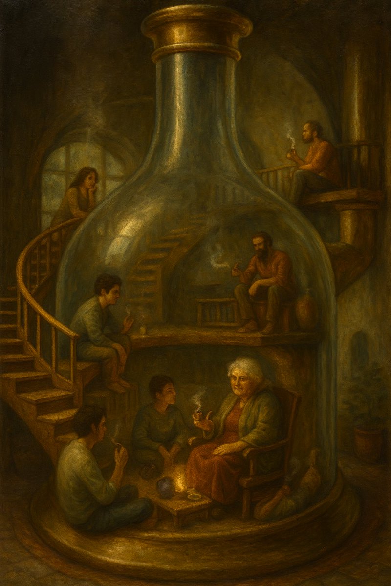TezzyStuckSoHi's tweet photo. The Little Old Woman Who Lived in a Bong
🧓💨 A Stoner Fable
Created by TezzyStuckSoHigh

There was a little old woman who lived in a bong.

The bong sat on a wide wooden shelf in a room with curtains that stayed half open. The light came in soft and steady. The glass was tinted green, and the inside always smelled warm.

She had a chair near the curve of the neck and a cushion by the base. Her shelves were small but full. She kept rolling papers in one drawer and lighters in a little box made of tin. She had a kettle that puffed steam and a stack of teacups that clinked when you touched them.

Most afternoons, people came by. Some brought fruit. Some brought nothing. They’d knock twice on the glass, then wait. If the little door opened, they stepped in. They never asked questions. She never gave directions. They sat where they sat.

There was always a bowl ready. Always something to sip. Always a little music coming from somewhere you couldn’t find.

Nobody hurried. Nobody whispered. Nobody cried.

Someone might point at the smoke and say it looked like a dragon. Someone else would fall asleep. Sometimes a joint would go out in someone’s hand, and the old woman would relight it without saying a word.

She didn’t smile all the time, but when she did, people noticed.
She didn’t speak often, but when she did, it was clear and short.

When the sun hit the floor a certain way, people stood up. They nodded. They left.

She swept the rug. She put the kettle back on. She packed another bowl.

The light faded. The room stayed warm. The bong stayed still on its shelf.

And the little old woman rocked in her chair, waiting for the next knock.