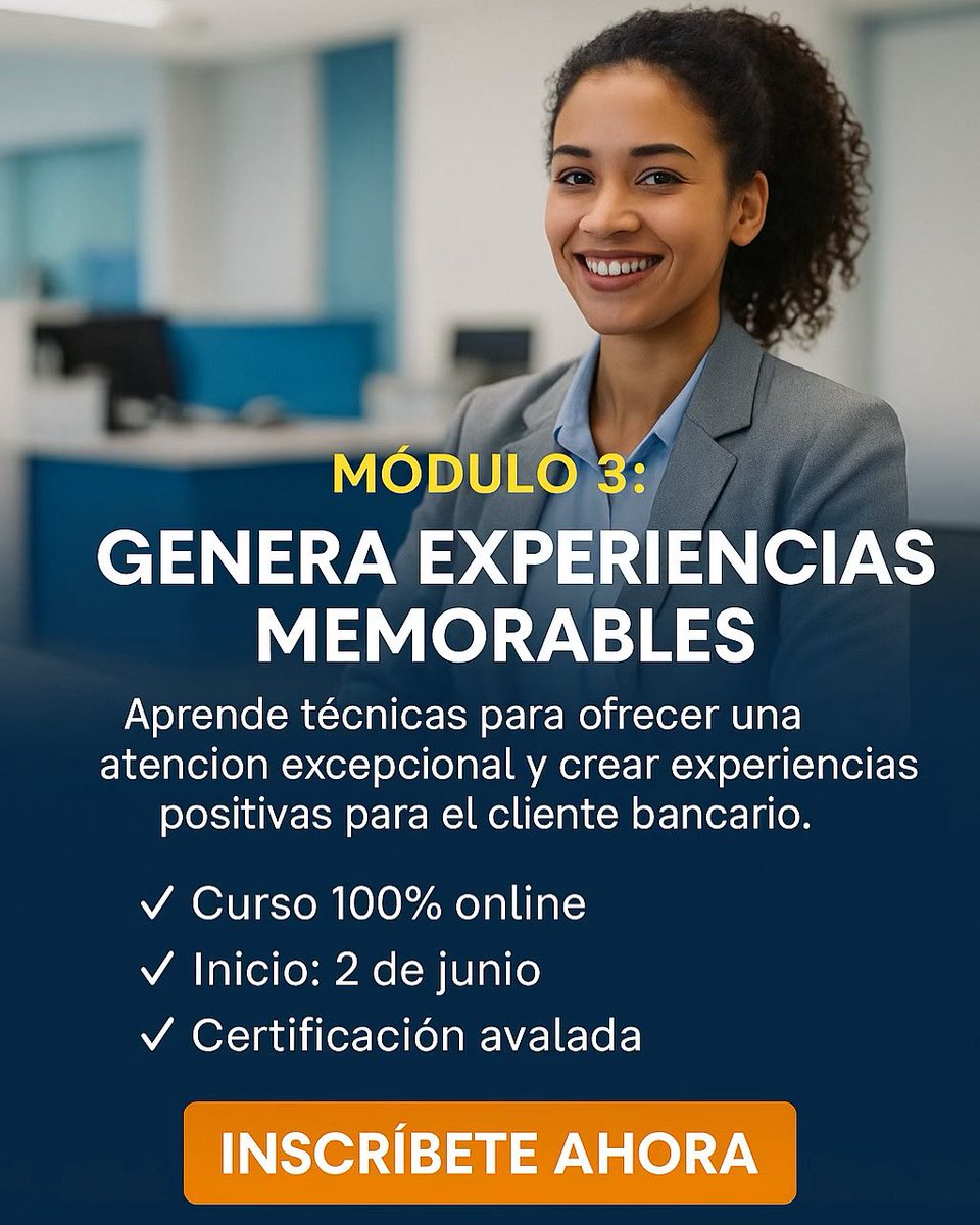 creative_lean's tweet photo. 🎯 Módulo 3: Aprende a generar experiencias memorables en la banca.
No solo atiendas, impacta.
📅 Inicio: 2 de junio
💻 100% online
📜 Certificación + insignia LinkedIn
🔗 https://t.co/Ekvb6zGqBi
📲 WhatsApp: 0983824829
#CajeroBancario #CursoOnline https://t.co/TpQts5NzJV