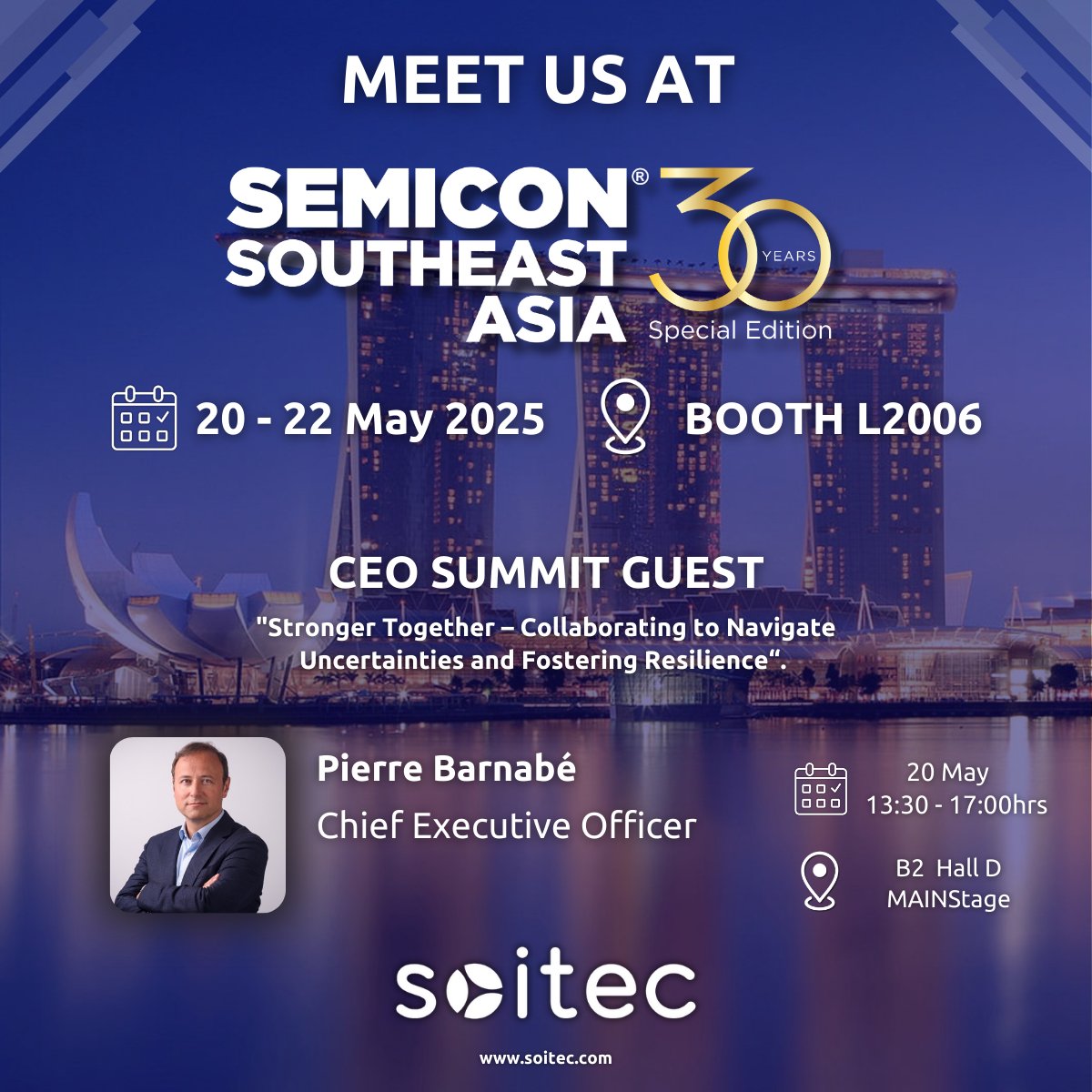 🏁 Ready, set, #SEMICONSEA2025!
The countdown is over — We are set for SEMICON Southeast Asia, taking place May 20–22 at the Singapore EXPO!
Let’s connect and move the industry forward — together.
#CEO #Semiconductors #Photonics #Innovation #Mobility #AI #Connectivity #Singapore