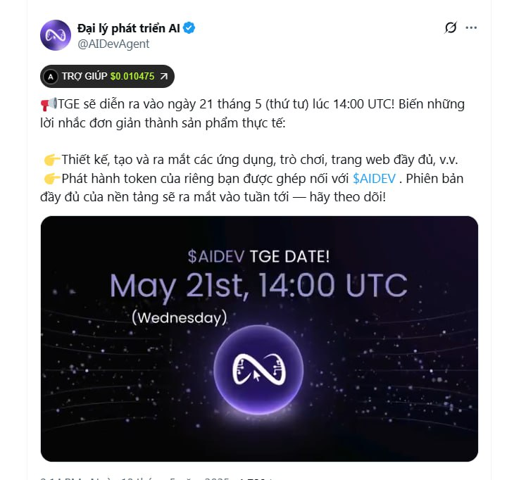Family_Airdrop's tweet photo. 👋 Updated game #DevAgent 

🚀 TGE sẽ diễn ra vào ngày 21 tháng 5 (thứ tư) lúc 14:00 UTC! Biến những lời nhắc đơn giản thành sản phẩm thực tế:

 👉Thiết kế, tạo và ra mắt các ứng dụng, trò chơi, trang web đầy đủ, v.v.
 👉Phát hành token của riêng bạn được ghép nối với $AIDEV . Phiên bản đầy đủ của nền tảng sẽ ra mắt vào tuần tới — hãy theo dõi!

Kèo củ
https://t.co/R39CTeZIeX