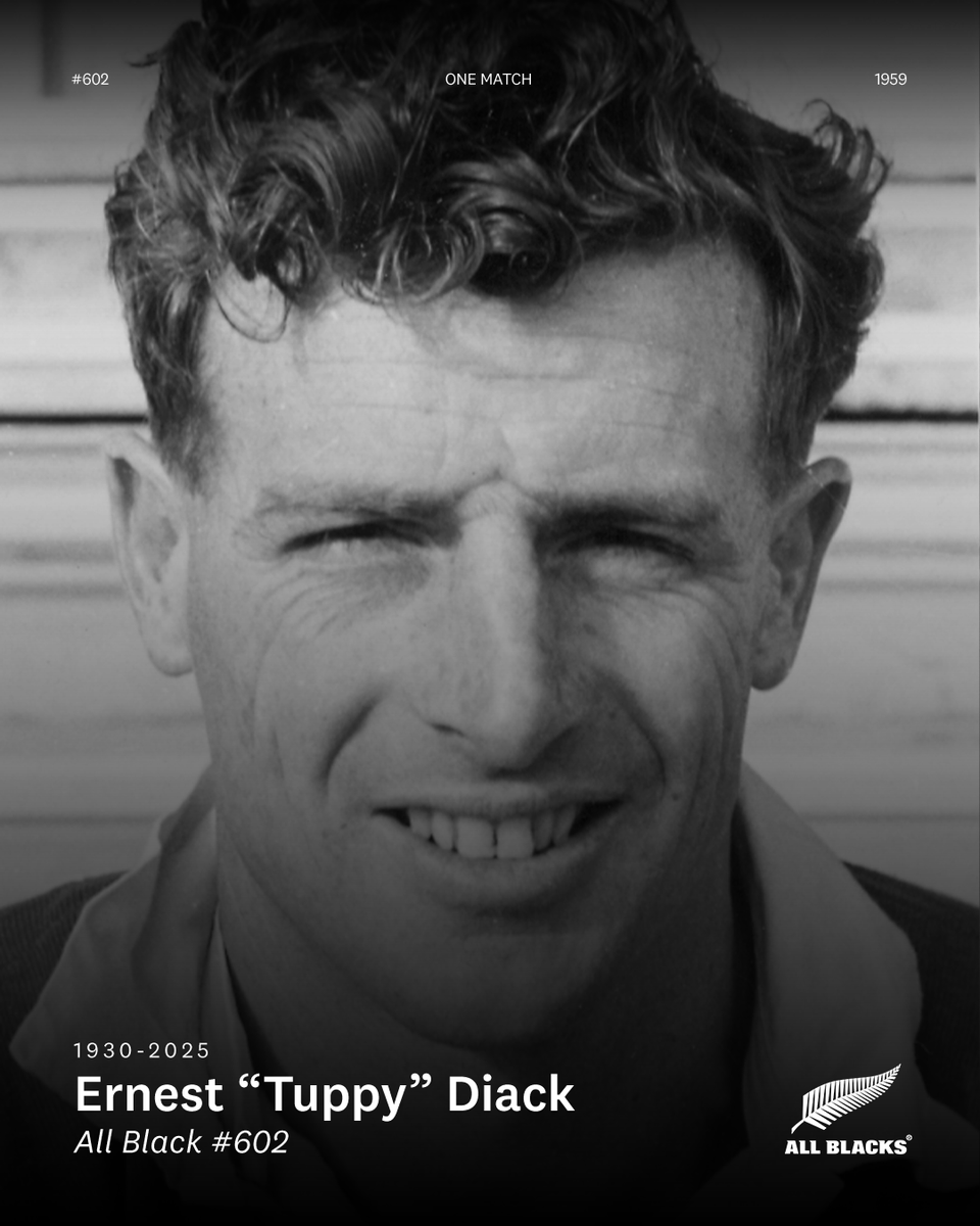 Our thoughts are with the loved ones of Ernest "Tuppy" Diack, All Black #602.
 
Tuppy played for the All Blacks in one match in 1959 against the British Lions. He was a stalwart of Otago Rugby and played 101 matches for them.
 
Forever part of the black jersey legacy 🖤