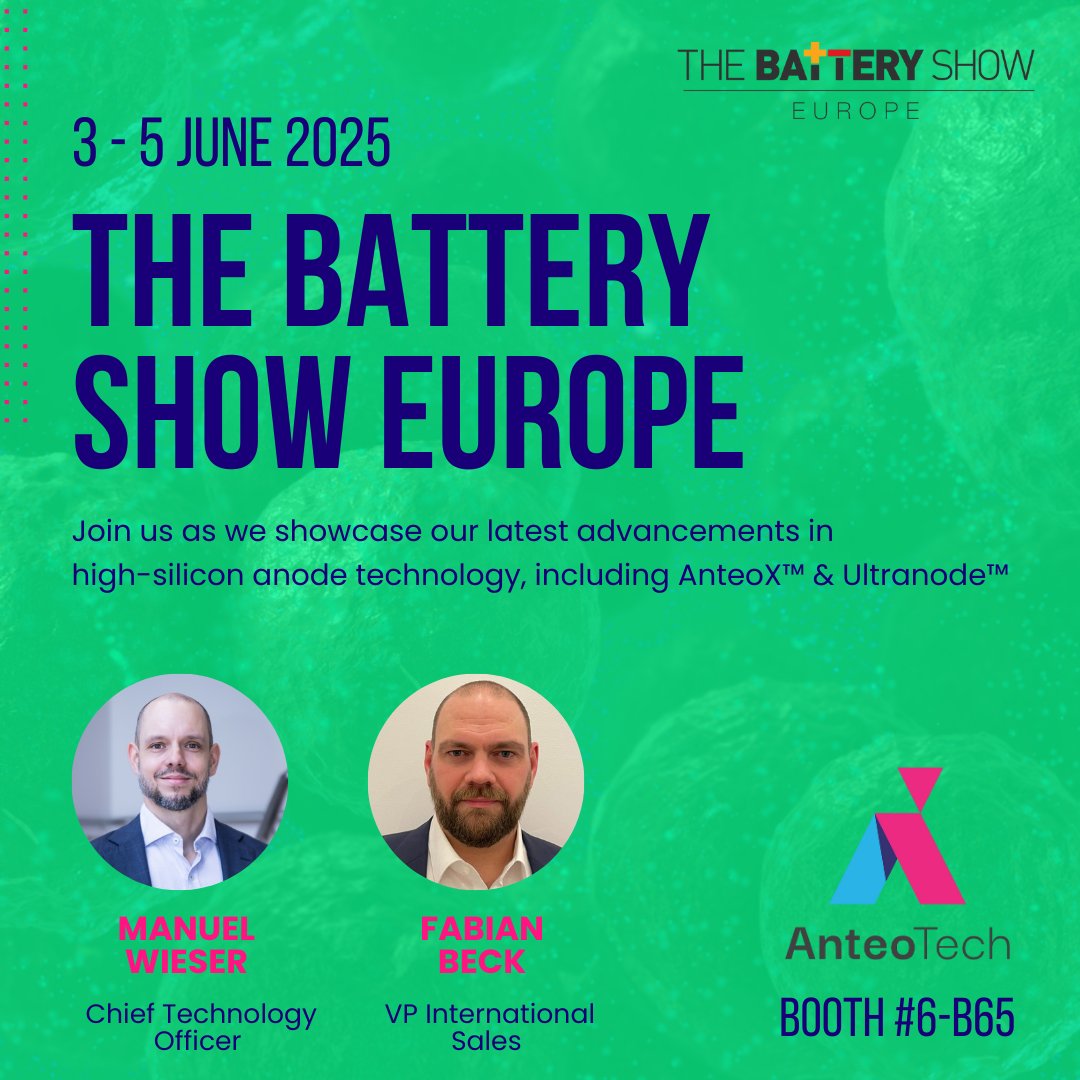 AnteoTech (@anteotech_) on Twitter photo Meet us at <a href="/BatteryShow_EU/">The Battery Show Europe</a> Europe, 3–5 June in Stuttgart. We're showcasing our latest advancements in high-silicon anode technology, including AnteoX™ & Ultranode.™
Join $ADO CTO Manuel Wieser and VP International Sales Fabian Beck at Booth #6-B65. DM us to arrange a meeting. Meet us at <a href="/BatteryShow_EU/">The Battery Show Europe</a> Europe, 3–5 June in Stuttgart. We're showcasing our latest advancements in high-silicon anode technology, including AnteoX™ & Ultranode.™
Join $ADO CTO Manuel Wieser and VP International Sales Fabian Beck at Booth #6-B65. DM us to arrange a meeting.