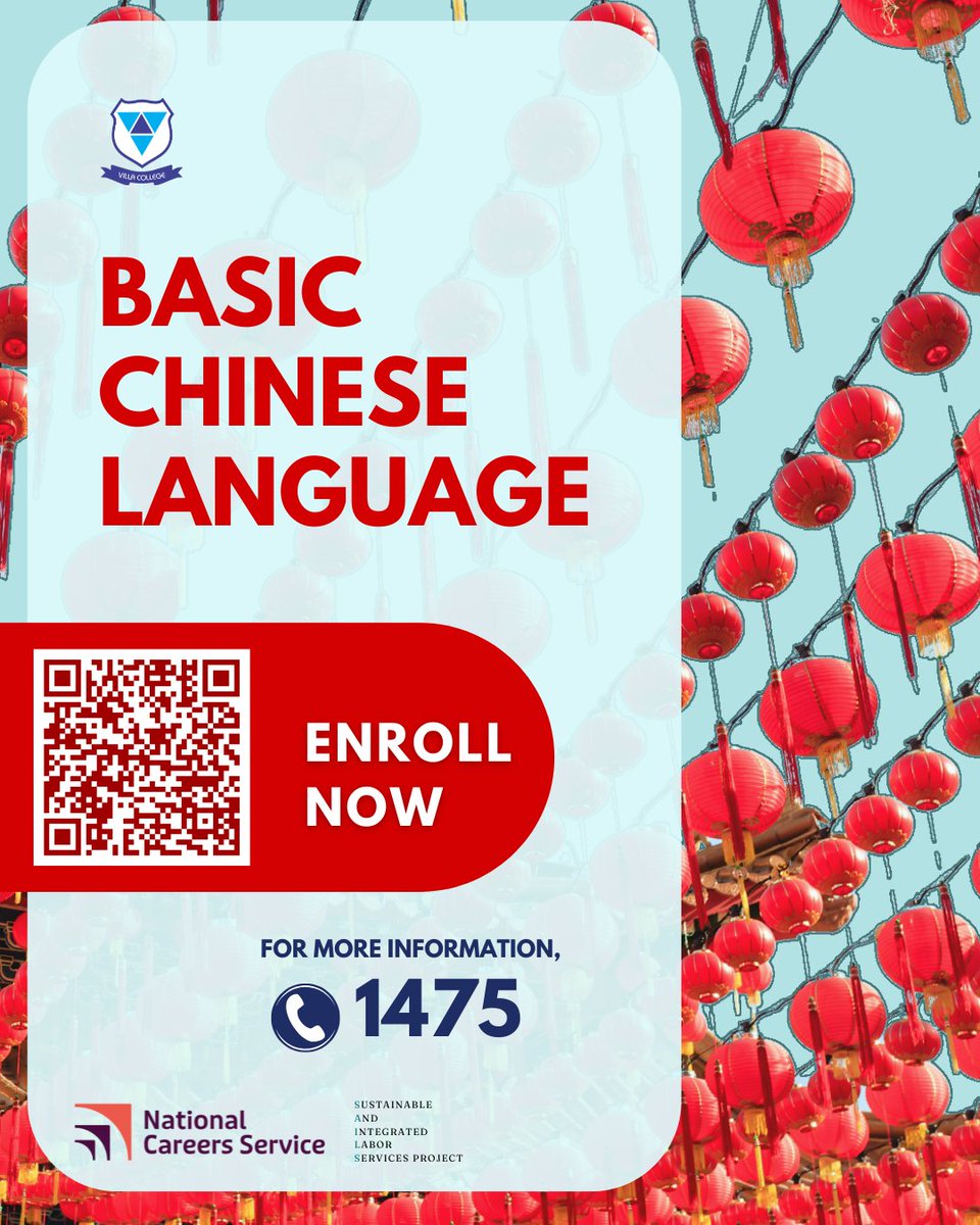 SAILS Project (@sailsprojectmv) on Twitter photo Interested in learning Chinese? Enroll today through <a href="/ncsgovmv/">National Careers Service</a> !
<a href="/VillaCollegeMv/">Villa College</a>
<a href="/MoHEmv/">Min. of Higher Edu, Labour and Skills Development</a> Interested in learning Chinese? Enroll today through <a href="/ncsgovmv/">National Careers Service</a> !
<a href="/VillaCollegeMv/">Villa College</a>
<a href="/MoHEmv/">Min. of Higher Edu, Labour and Skills Development</a>