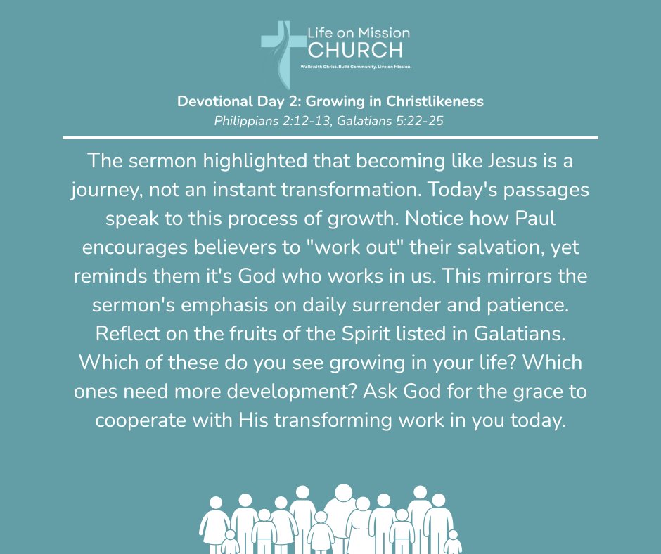 LOMChurch's tweet photo. Day 2: Growing in Christlikeness 🍇
Growth in Jesus is a journey, not a sprint.
📖 Phil 2:12–13 | Gal 5:22–25
Ask yourself:

🌱 What fruits of the Spirit are growing in me?
🌱 Where do I need His help to grow?
God’s not finished with you yet. #Devotional #LifeOnMission #Bible https://t.co/FafpwDr1Mz