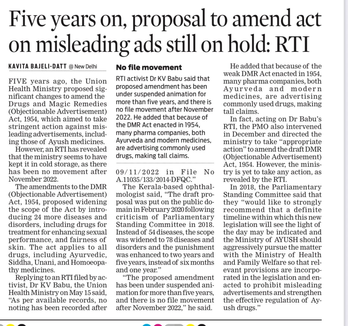 Kavita Bajeli-Datt (@kavitadatt) on Twitter photo Five years on, proposal to amend act on misleading ads still on hold, RTI
<a href="/NewIndianXpress/">The New Indian Express</a> <a href="/TheMornStandard/">TheMorningStandard</a> <a href="/drbabukv/">Dr Babu K V</a> <a href="/MoHFW_INDIA/">Ministry of Health</a> <a href="/moayush/">Ministry of Ayush</a> <a href="/OfficeofJPNadda/">Office of JP Nadda</a> <a href="/JPNadda/">Jagat Prakash Nadda</a> <a href="/PMOIndia/">PMO India</a> Five years on, proposal to amend act on misleading ads still on hold, RTI
<a href="/NewIndianXpress/">The New Indian Express</a> <a href="/TheMornStandard/">TheMorningStandard</a> <a href="/drbabukv/">Dr Babu K V</a> <a href="/MoHFW_INDIA/">Ministry of Health</a> <a href="/moayush/">Ministry of Ayush</a> <a href="/OfficeofJPNadda/">Office of JP Nadda</a> <a href="/JPNadda/">Jagat Prakash Nadda</a> <a href="/PMOIndia/">PMO India</a>