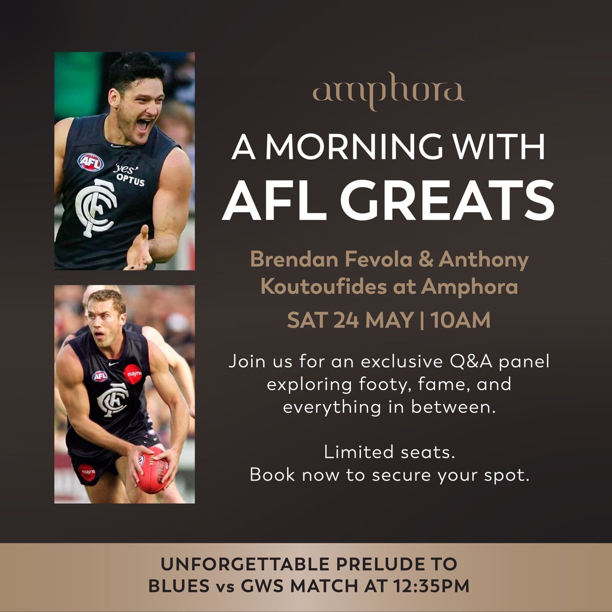 Two AFL greats. One unforgettable experience. Join Brendan Fevola and Anthony Koutoufides at Amphora for an exclusive Q&amp;A panel as they dive into footy, fame, and everything in between.

🕓 From 10am (Carlton v GWS Giants – 12.35PM bounce)

🎫: amphora.melbourne/happening/qa-p…