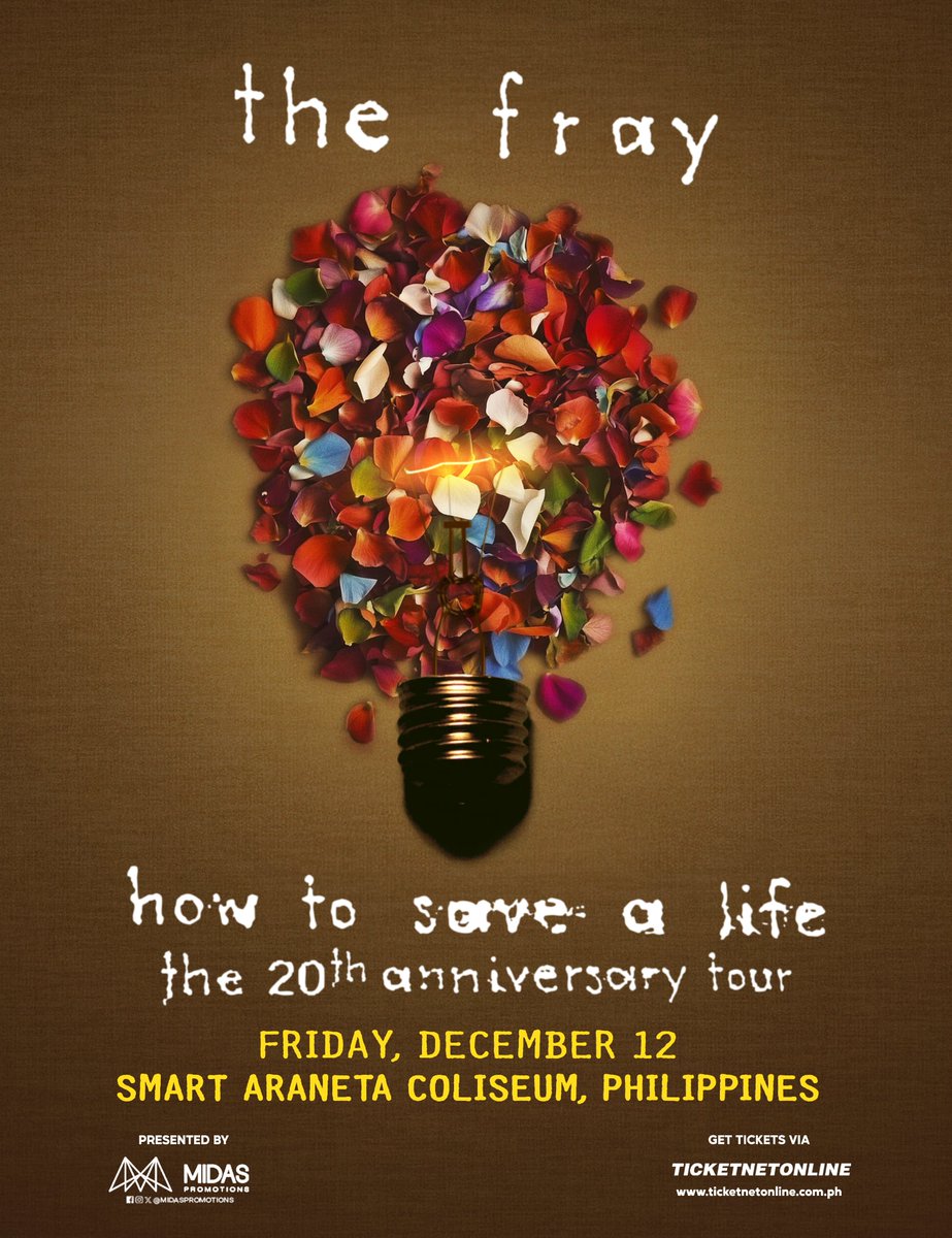 Manila Concert Scene (@manilaconcerts) on Twitter photo JUST ANNOUNCED: The Fray returns to the Big Dome this December!
The Fray’s “How to Save a Life” 20th Anniversary Tour is coming to MANILA as they make their ONLY STOP IN ASIA! 🇵🇭
Get ready for an unforgettable night this December 12, 2025 at <a href="/TheBigDome/">SmartAranetaColiseum</a>
Tickets are available JUST ANNOUNCED: The Fray returns to the Big Dome this December!
The Fray’s “How to Save a Life” 20th Anniversary Tour is coming to MANILA as they make their ONLY STOP IN ASIA! 🇵🇭
Get ready for an unforgettable night this December 12, 2025 at <a href="/TheBigDome/">SmartAranetaColiseum</a>
Tickets are available