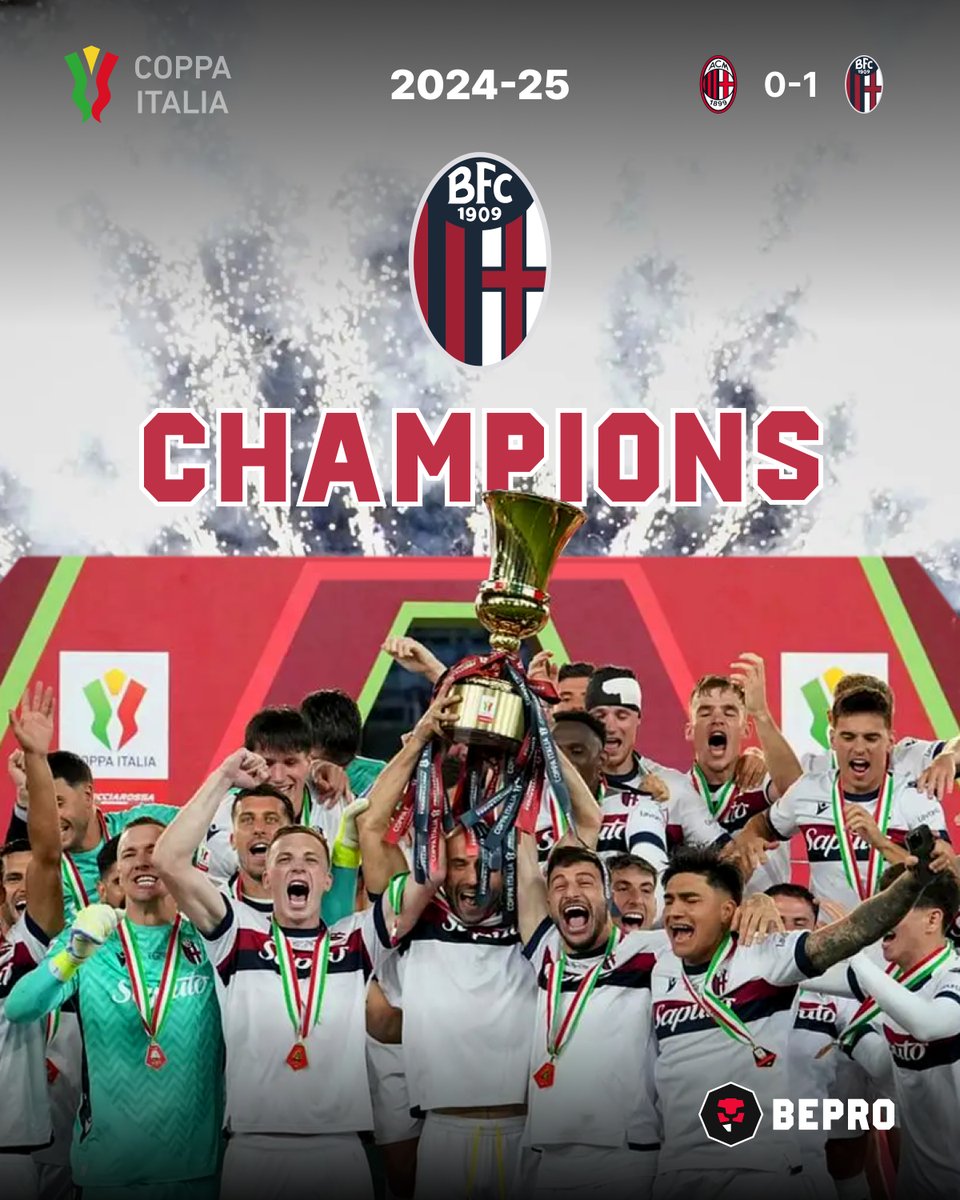 Bepro_EN's tweet photo. Bologna FC win the Coppa Italia – their first in 51 years!
@Bolognafc1909 

A 1-0 win over AC Milan last Thursday!

Both finalists are our clients! So proud to support top teams.

Milan came close to end a 23-year drought — they’ll bounce back!

https://t.co/yHQ3yvz7ip https://t.co/USzLyx7PCx