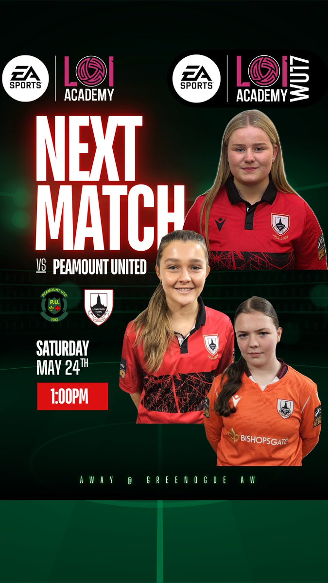 Next up for our u17s WNL is an away match against Peamount United in the cup. 

#ltfcacademy2025 #WNL