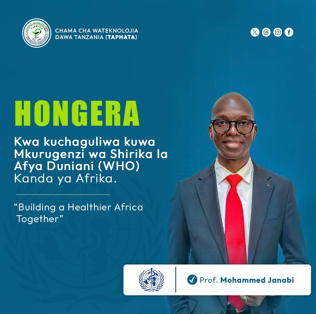 Hongera Prof. Mohammed Janabi kwa kuchaguliwa kuwa Mkurugenzi wa Shirika la Afya Duniani (WHO) Kanda ya Afrika
#Taphata_UmahiriNaTeknolojia
<a href="/wizara_afyatz/">Wizara ya Afya Tanzania 🇹🇿</a>
<a href="/ProfJanabi/">Prof. Mohamed Janabi</a> 
<a href="/WHOAFRO/">WHO African Region</a>
<a href="/WHO/">World Health Organization (WHO)</a> 
<a href="/WHOEMRO/">WHO Regional Office for the Eastern Mediterranean</a>