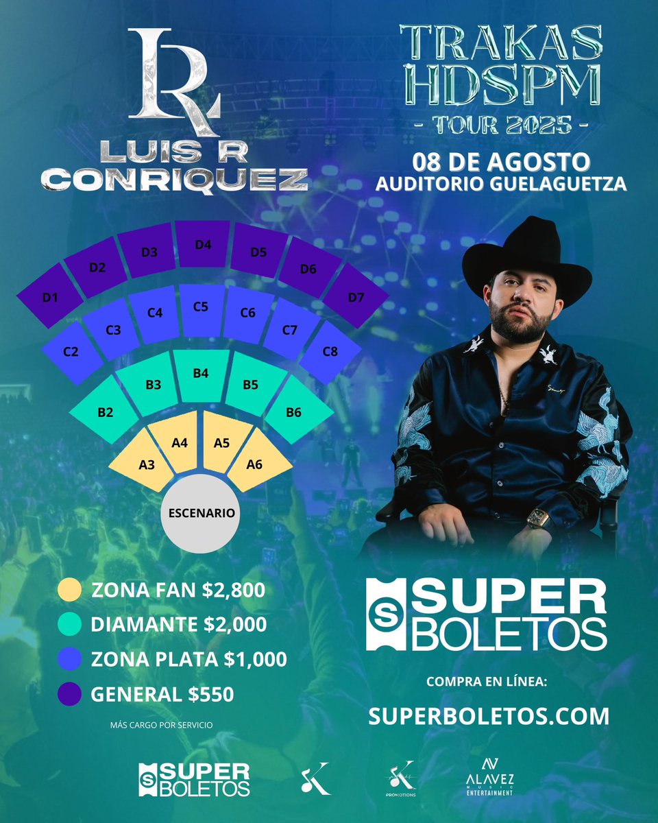 #Oaxaca
¡TRAKAS HDSPM! Tour 2025, Luis R Conriquez llega por primera vez al Auditorio Guelaguetza.
 
🔥Luis R Conriquez 
🗓️ 8 de Agosto 2025
🏟️Auditorio Guelaguetza 
Boletos en:
superboletos.com/landing-evento…
Presentado por:
Alavez Music Entertainment