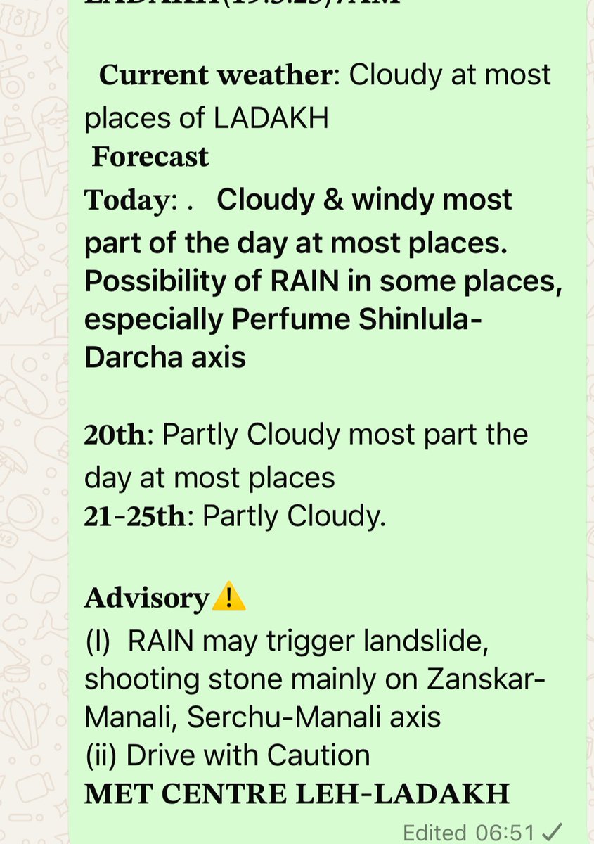 metcentreleh's tweet image. Weather Forecast LADAKH 19.5.25
Currently its Cold & Cloudy at most places of Ladakh
饾悈饾惃饾惈饾悶饾悳饾悮饾惉饾惌
饾悡饾惃饾悵饾悮饾惒: Cold & Cloudy with possibility of rain/ snow(over mntn)
饾煇饾煄-饾煆饾煋饾惌饾悺: Partly Cloudy turning cloudy towards afternoon.
饾悁饾悵饾惎饾悽饾惉饾惃饾惈饾惒
Be Cautious during Shower