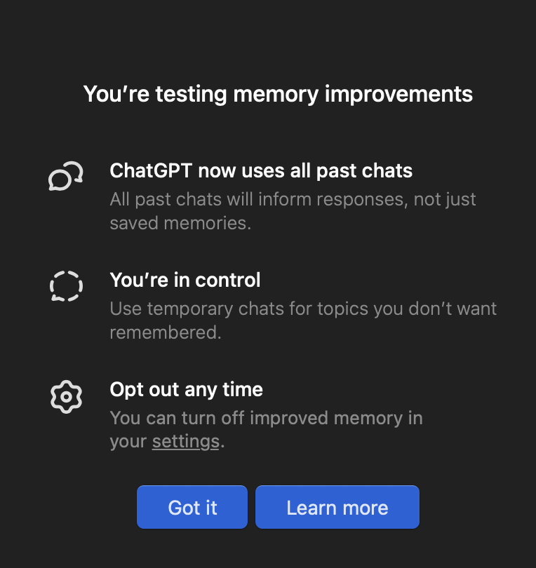 tinker_86's tweet photo. Finally! Got access to the memory feature from @OpenAI! Let's see what this baby can do with an insane memory context window! Off to some research. https://t.co/NaFfLrU3p3