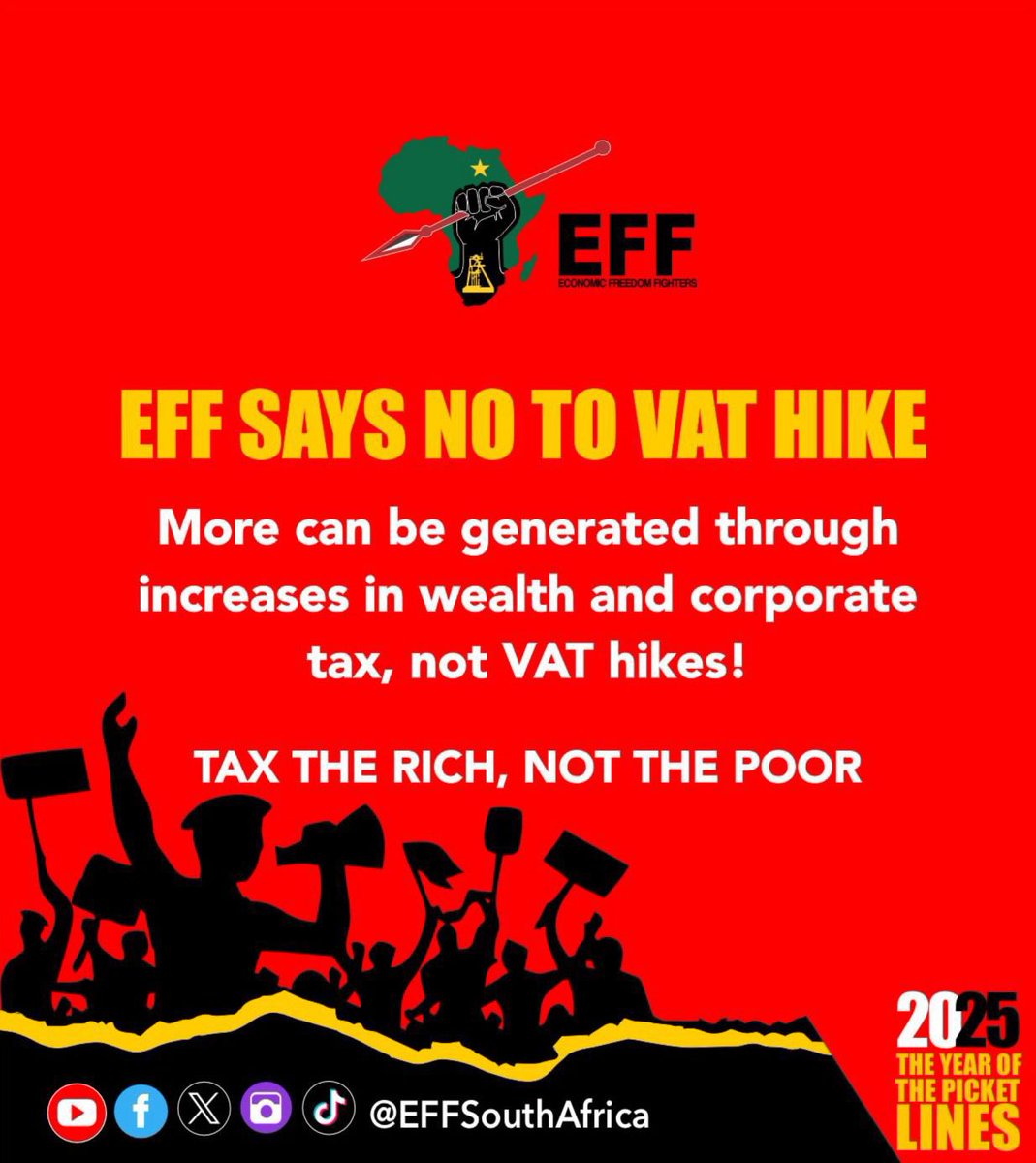 The EFF has always stood against VAT hikes and championed a tax system that targets the wealthy, not the poor.

Today, we celebrate the people’s victory with the #VATVictoryMarch from the Union Buildings to the National Treasury—a triumph for working-class and the poor South