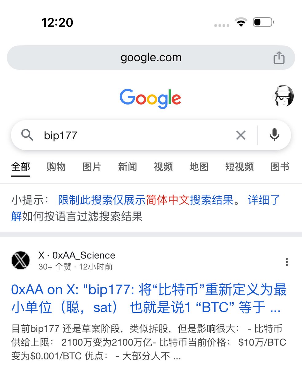 bip177 知道的人还是很少，我这条推文成到谷歌搜索第一了😂