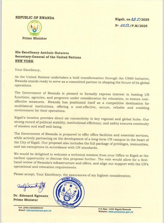 Ndagije__sam's tweet photo. Big thanks to Dr. @EdNgirente for this visionary letter to @antonioguterres, Secretary-General of the @UN . Rwanda’s readiness to host UN operations shows true leadership and commitment to global cooperation! #Rwanda #UN80 #UNInitiative https://t.co/YPDEVLbkrl