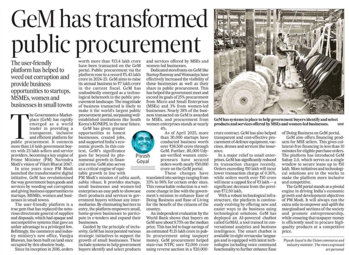 What a GeM!

Since its inception, the digital public procurement platform <a href="/GeM_India/">GeM</a> has become a key engine of PM @NarendraModi ji's vision of Viksit Bharat 2047.

Here is my article on how the GeM portal has eliminated entry barriers, weeded out corruption, empowered and