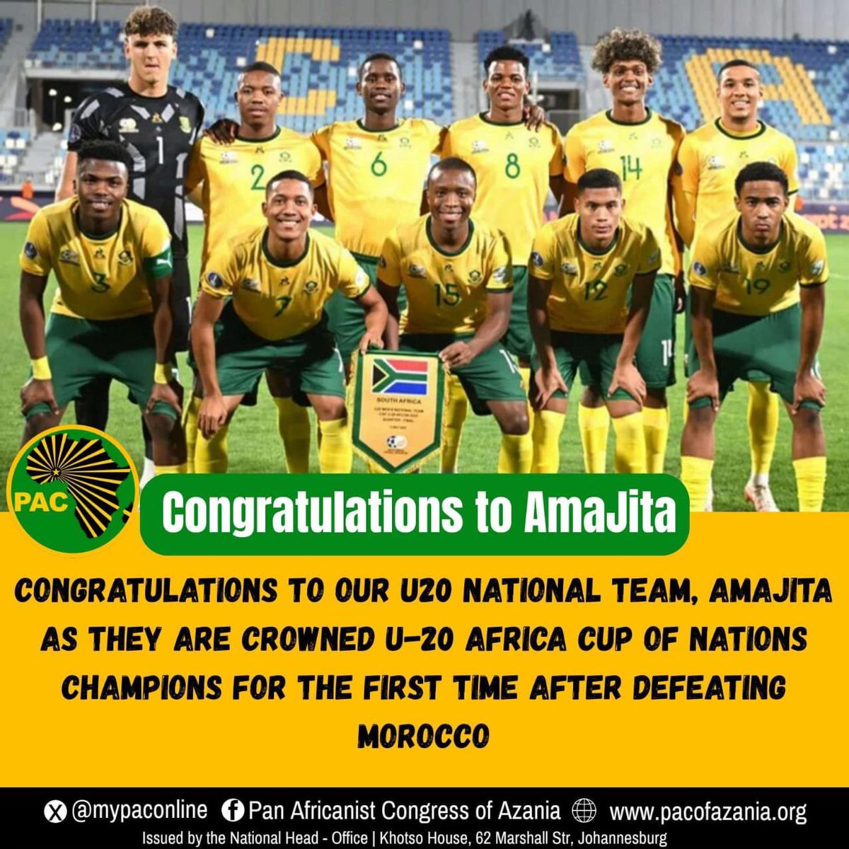History Made!
Amajita brings home the U-20 Africa Cup of Nations trophy after a thrilling victory over Morocco!
Congratulations to our young stars — you’ve shown the world that South African football is rising!

#Amajita #U20AFCON #Football #PACofAzania