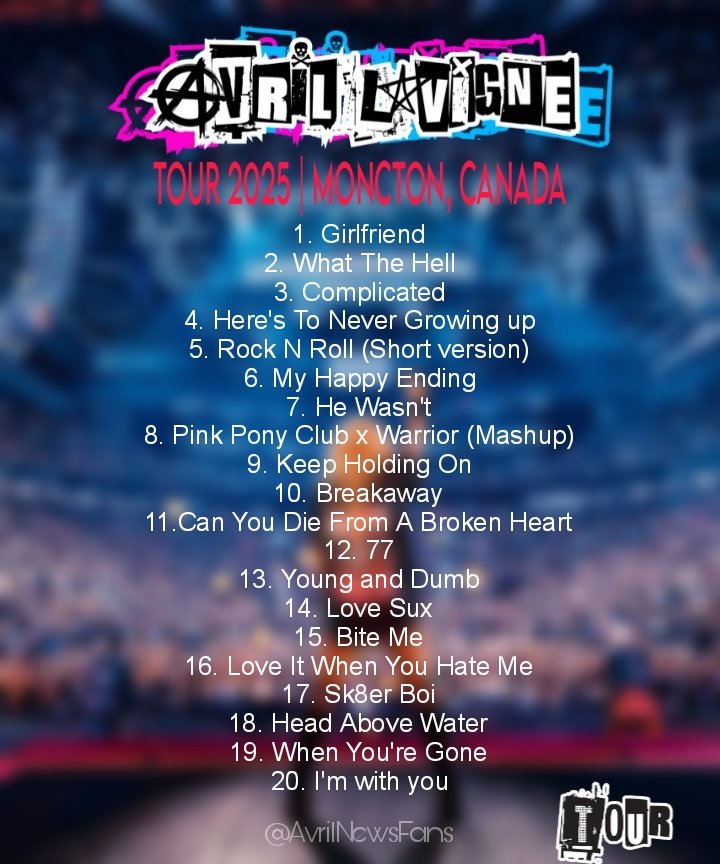 ‼️.<a href="/AvrilLavigne/">Avril Lavigne</a> Greatest Hits Tour Setlist In Moncton, Canada 

#GreatestHitsTour