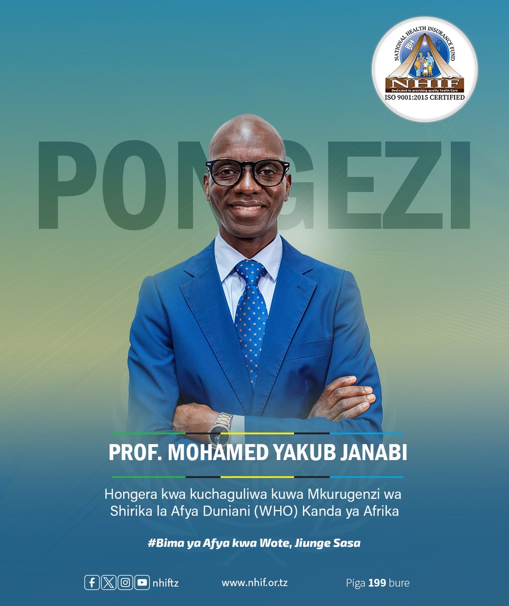 NHIF Tanzania (@nhiftz) on Twitter photo Hongera Prof. Mohammed Janabi kwa kuchaguliwa kuwa Mkurugenzi wa Shirika la Afya Duniani (WHO) Kanda ya Afrika.
<a href="/wizara_afyatz/">Wizara ya Afya Tanzania ๐น๐ฟ</a> <a href="/TZMsemajiMkuu/">Msemaji Mkuu wa Serikali</a> <a href="/bima_afyatz/">BIMA YA AFYA KWA WOTE ๐น๐ฟ</a>
#nhiftz #bima #healthinsurance Hongera Prof. Mohammed Janabi kwa kuchaguliwa kuwa Mkurugenzi wa Shirika la Afya Duniani (WHO) Kanda ya Afrika.
<a href="/wizara_afyatz/">Wizara ya Afya Tanzania ๐น๐ฟ</a> <a href="/TZMsemajiMkuu/">Msemaji Mkuu wa Serikali</a> <a href="/bima_afyatz/">BIMA YA AFYA KWA WOTE ๐น๐ฟ</a>
#nhiftz #bima #healthinsurance