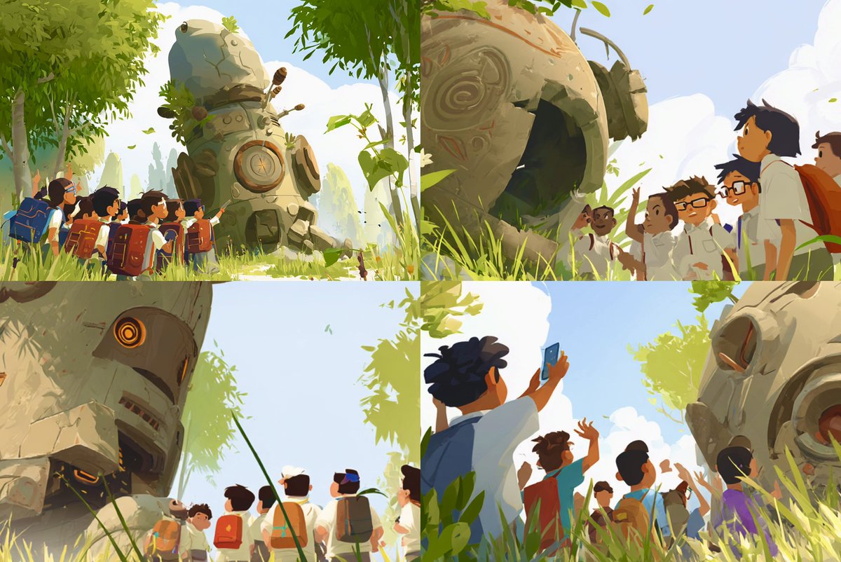 ashzingh's tweet image. The kids stumbled on the old, rusted robot during a sunny field trip. It felt like it just woke up. Phones out, whispers flying, eyes wide. For a second, the world felt way bigger than the school yard.
Midjourney --sref 3516382260
