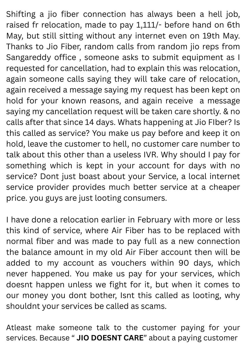 anilkotari's tweet photo. @reliancejio @RelianceJioCare @JioCare  Shifting a jio fiber connection has always been a hell job, raised fr relocation, made to pay 1,111/- before hand on 6th May, but still sitting without any internet even on 19th May. Thanks to Jio Fiber @reliancejio #relianceloot #jioscam https://t.co/b0cztT6wrB