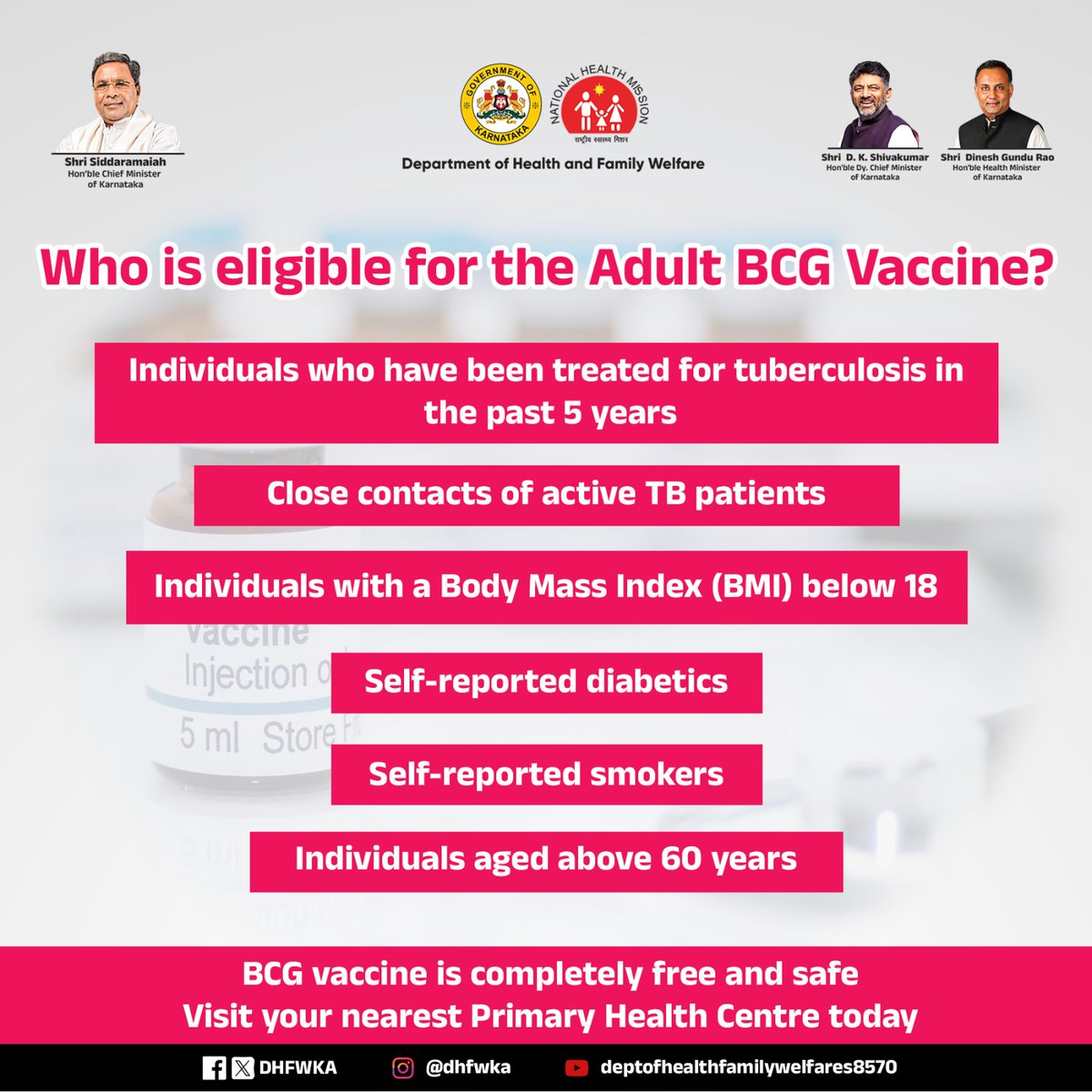 DHFWKA's tweet photo. Who is eligible for the Adult BCG Vaccine? Find out here!
Join the fight to eliminate tuberculosis — get your BCG vaccination today.
#BCGVaccine #EndTB #PublicHealth #TBFreeIndia https://t.co/UUIEudwijs