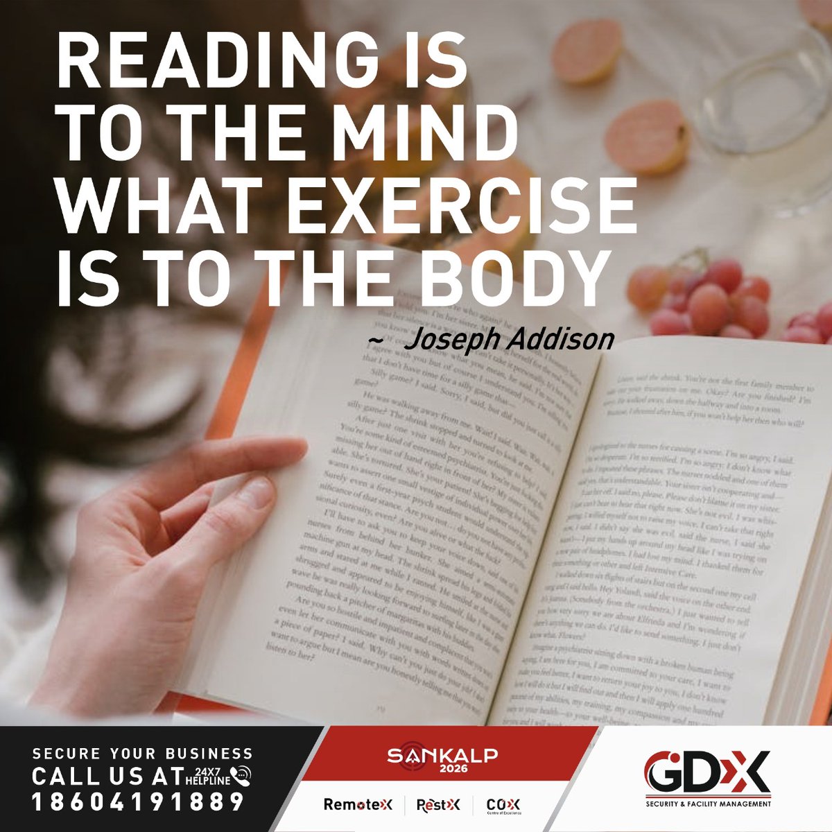 GDXfacility's tweet photo. Just like the body needs movement, the mind needs reading. Fuel your thoughts, stretch your imagination, and grow stronger with every page. #MondayMotivation

Call us anytime at our 24x7 helpline: 18604191889  #SecuritySolutions #FacilityServices #Sankalp2026  #RemoteX #PestX https://t.co/uyKWbyaqfi